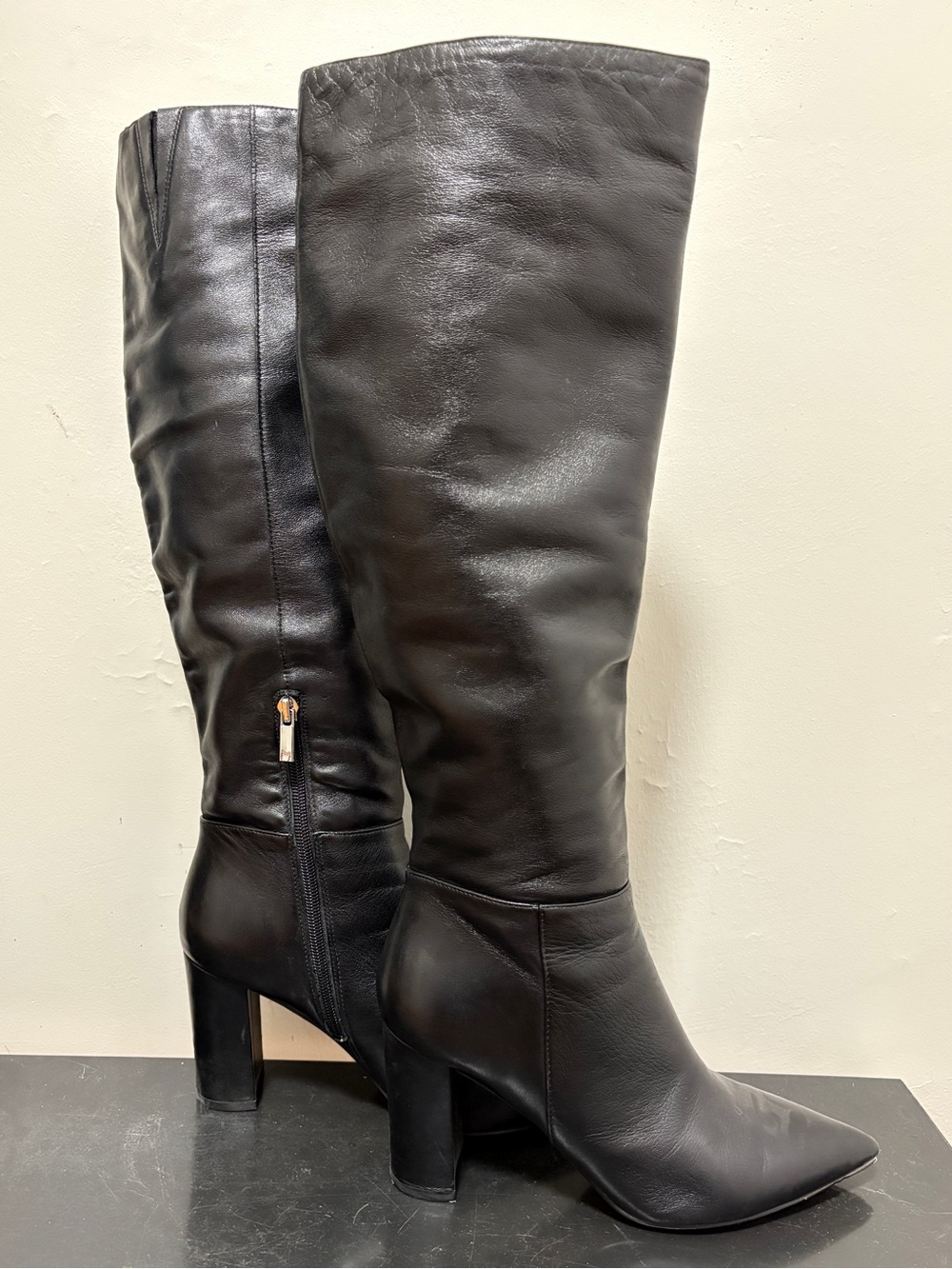 Marc Fisher Black Leather Knee High Boots Size 8M Block Heel